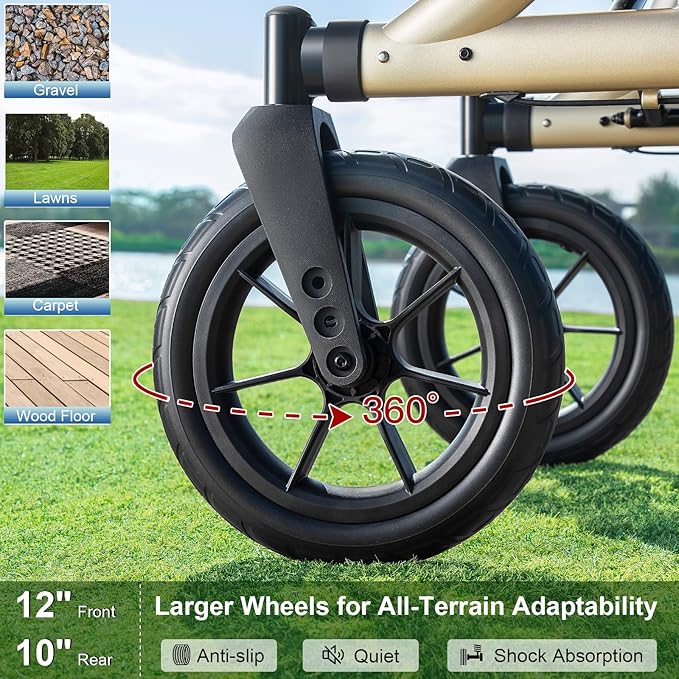 Walkers for Seniors, Rollator Walker with Seat, 12" Big Rubber Wheels All Terrain Rollator Walker with Backrest, Built-in Cable, Cup Holder, Foldable and Height Adjustment for Seniors, Gold