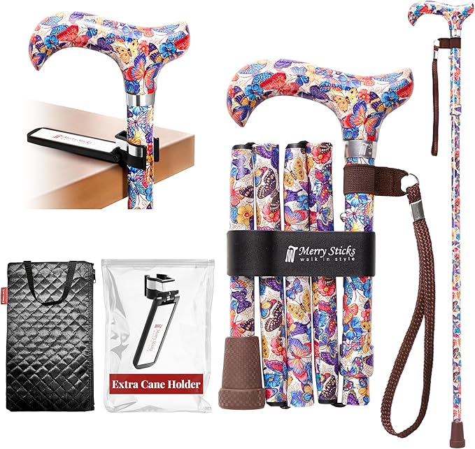 [Combo] Merry Sticks Lightweight Foldable Walking Canes for Women and Men, Adjustable & Collapsible Walking Stick for Seniors, Includes A Cane Bag & A Smart Reflective Cane Holder