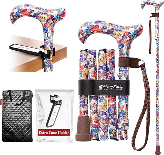 [Combo] Merry Sticks Lightweight Foldable Walking Canes for Women and Men, Adjustable & Collapsible Walking Stick for Seniors, Includes A Cane Bag & A Smart Reflective Cane Holder