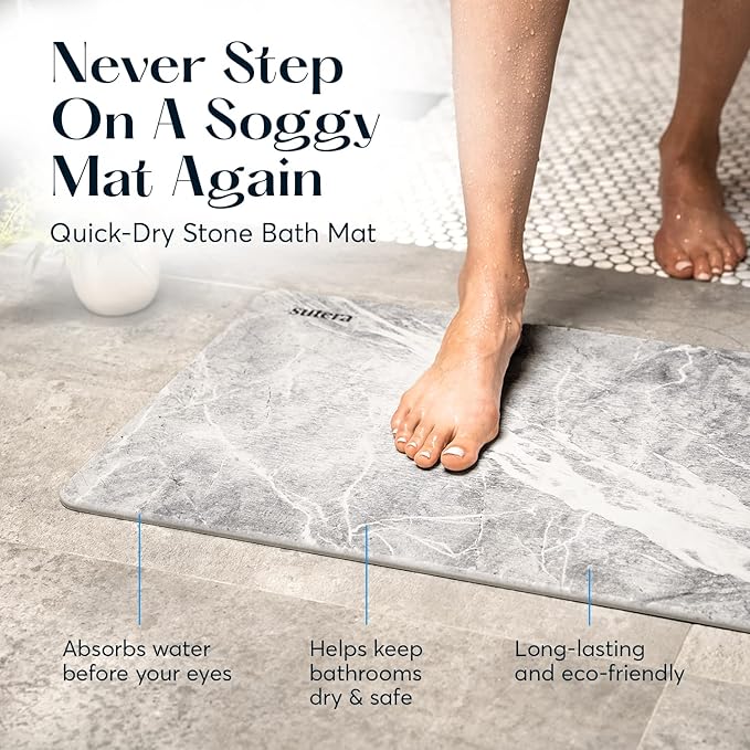 SUTERA - Stone Bath Mat, Diatomaceous Earth Shower Mat, Non-Slip Super Absorbent Quick Drying Bathroom Floor Mat, Natural, Easy to Clean (23.5 x 15 Granite)