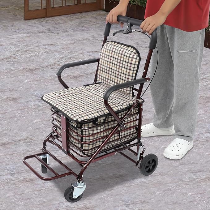 Wine Red Foldable Shopping Cart with Seat & Handbrake, 220lb Capacity, 55lb Basket, 4-Wheel Senior Rollator for Groceries