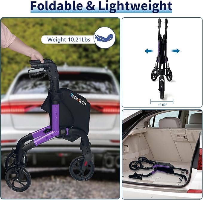 Lightweight 3 Wheel Rollator Walker for Seniors, Foldable Aluminum Mobility Aid with Storage Bag, Easy-Fold Walking Support for Elderly Balance & Rehabilitation