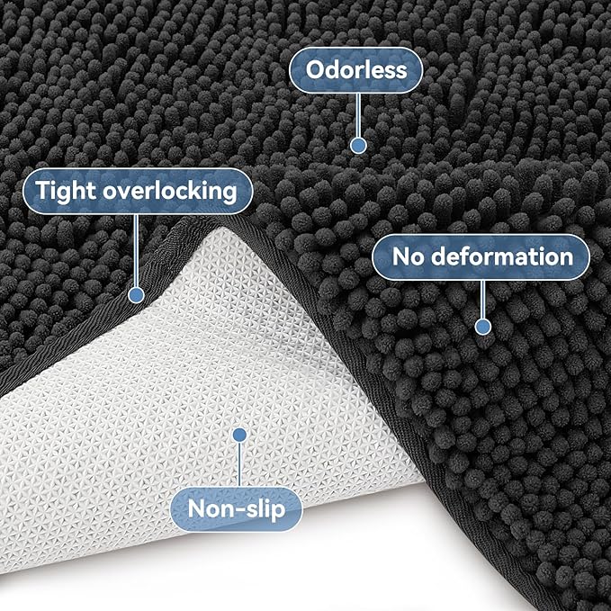 Bcoimo 44"×24" Absorbent Bath Mat, Non-Slip with Backing Chenille Bath Rug and Machine Washable Bathroom Mat Quick-Dry Design. Ideal for Bathroom and Tub Areas