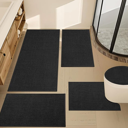 YIHOUSE Black Bathroom Rug Sets 5 Piece, Absorbent Bath Mat for Bathroom Non Slip Washable, Bathroom Mat Quick Dry, Thin Bath Rug Set for Toilet and Floor