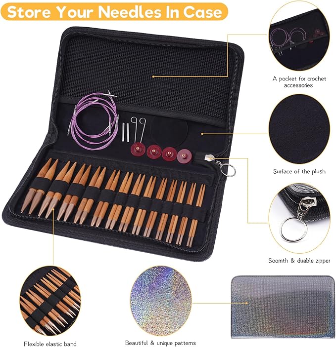 Weabetfu Knitting Needles Set with Bamboo Circular Knitting Needle 13 Pair Interchangeable Knitting Needles and Cables, Accessories and Case Perfect for Beginner, DIY Crafts