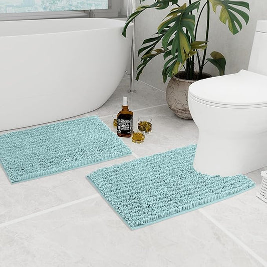 Walensee Bathroom Rug 2 Pieces Set Non Slip Bath Mat (20"x32" Plus 20"x24" U spa Blue) Water Absorbent Super Soft Shaggy Chenille Machine Washable Dry Extra Thick Perfect Carpet for Shower Floor
