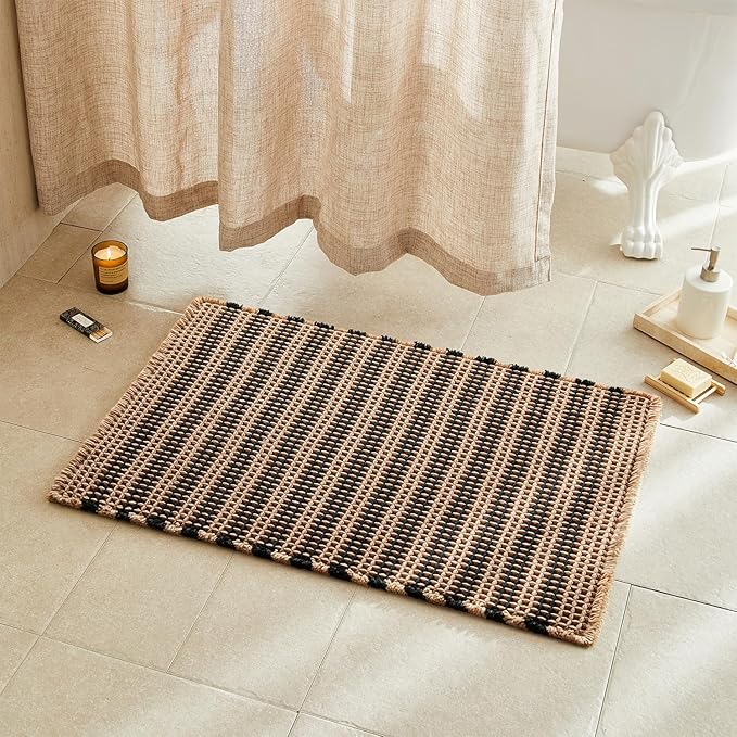 Waffle Bath Mat, Boho Bathroom Rugs Non Slip Washable Super Absorbent Quick Dry Bath Mat Farmhouse Bathroom Decor, 36"x24" Black and Khaki
