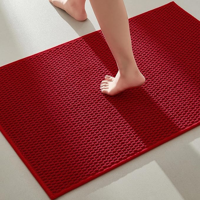 Christmas Bathroom Rugs Non Slip Washable, Super Absorbent Thin Bath Mat Quick Dry Low Pile Bathroom Rug, Red 24"x36"
