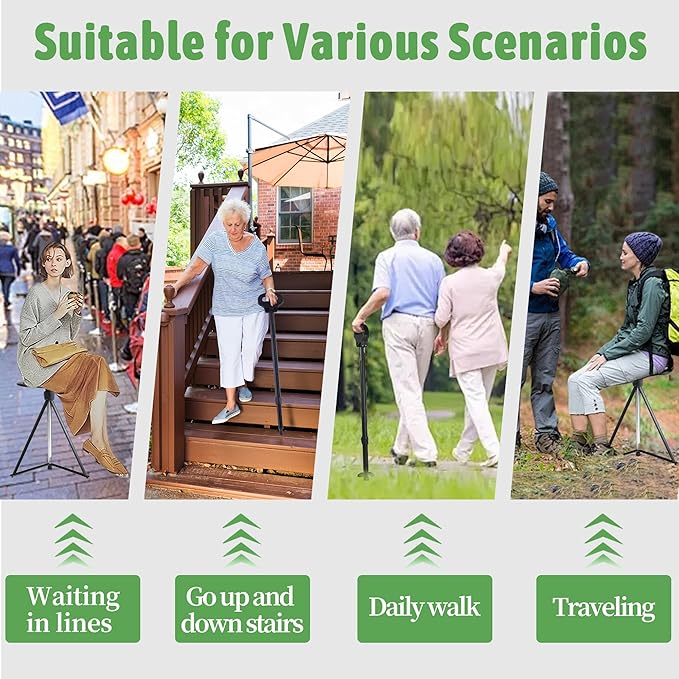 ALEVMOOM Walking Cane with Seat Folding Lightweight, 2-in-1 Cane Stool for Adults, Aluminum Walking Stick with Seat, Portable Stool for Senior, with Carry Bag