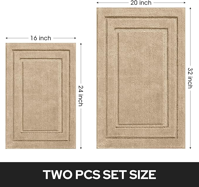 HOMEIDEAS 2 Pieces Farmhouse Bathroom Rug, Super Soft and Absorbent Non Slip Microfiber Machine Washable Bath Mat Set for Bathroom, Farmhouse Bath Decor(20" x 32" + 16" x 24", Khaki)