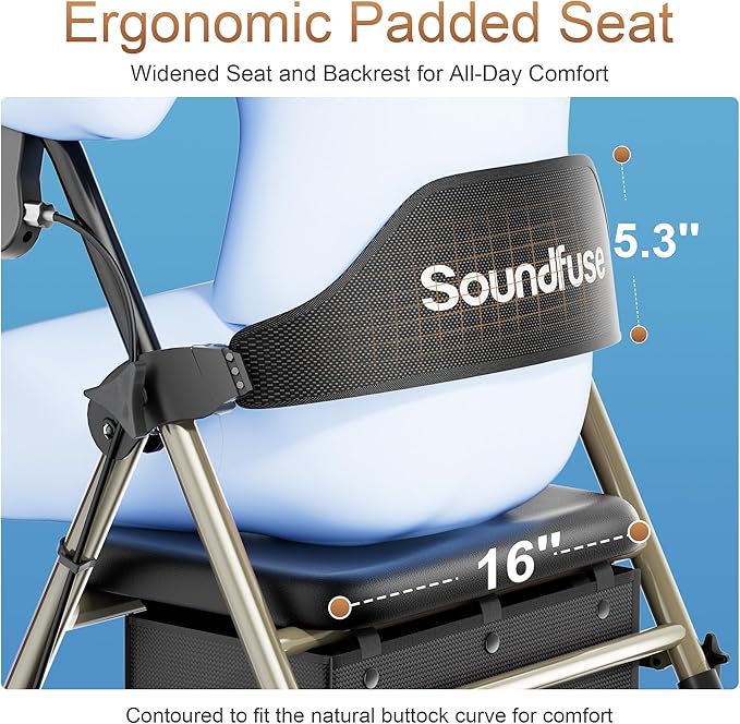 Rollator Walkers with Seat for Seniors, Foldable 8" Big Wheels All Terrain Rolling Walker, Handles and Ergonomic Seat Height Adjustable, 350 lb