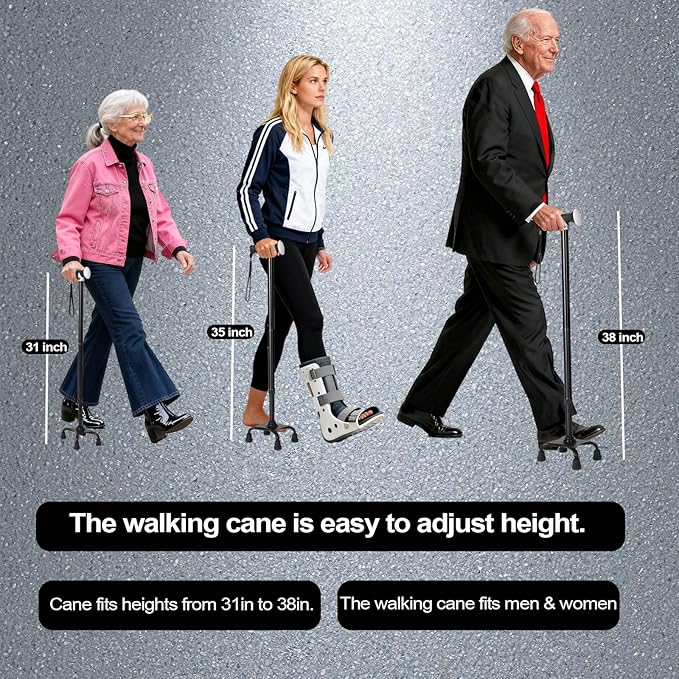 Quad Cane with LED Light (300 lbs) - Adjustable 4-Pronged Walking Cane Sticks for Men & Women, Extra Balance & Stability for Seniors