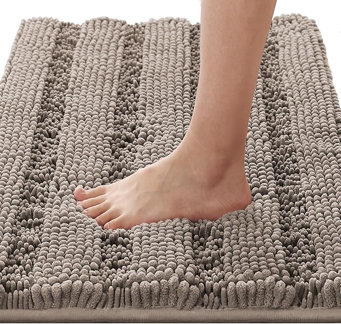 H.VERSAILTEX Bathroom Rugs Bath Rugs for Bathroom Non Slip Bath Mats Extra Thick Chenille Striped Rug 17" x 24" Absorbent Soft Shaggy Washable Dry Fast Bath Mats for Bath Room Floor - Taupe