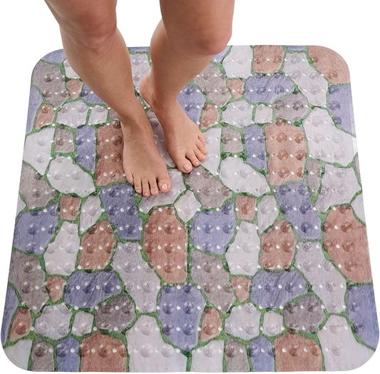 ENKOSI Extra Large Square Non Slip Shower Mat - 31 x 31-inch XL Bathroom Shower Mat - Square Shower Mats for Shower Stall Floors | Secure Suction Cups and Drain Holes (31x31 Stone Path)