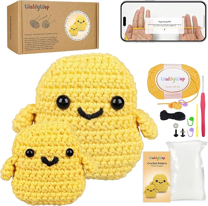 WaldyWop Crochet Kit for Beginners Kids: 2 PCS Easy Complete Knitting Kit with Step by Step Video & Written Tutorials, Soft Yarns (Extra 40%), Hook - Birthday Gift Set for Girls (Chicken Nuggets)
