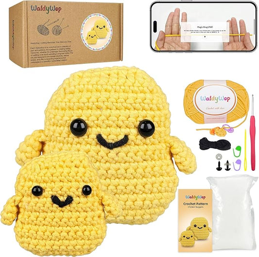 WaldyWop Crochet Kit for Beginners Kids: 2 PCS Easy Complete Knitting Kit with Step by Step Video & Written Tutorials, Soft Yarns (Extra 40%), Hook - Birthday Gift Set for Girls (Chicken Nuggets)