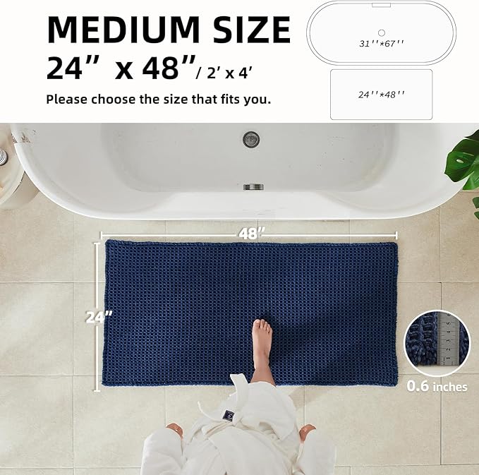 Waffle Bath Mat, Boho Bathroom Rugs Non Slip Washable Super Absorbent Quick Dry Bath Mat Farmhouse Bathroom Decor, 48"x24" Navy Blue