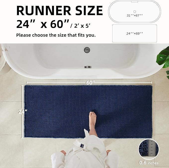 Waffle Runner Rug Bathroom, Long Boho Bathroom Rugs Non Slip Washable Super Absorbent Quick Dry Farmhouse Bath Decor, 60"x24" Navy Blue