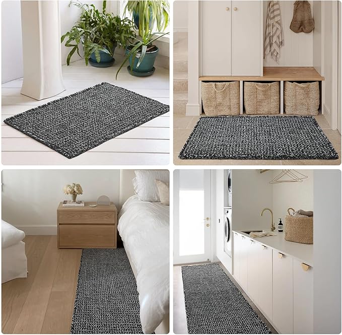 Black and White Bathroom Rugs, Waffle Bath Mat Non Slip Washable Super Absorbent Quick Dry Boho Farmhouse Bathroom Decor, 24"x16" Black and White