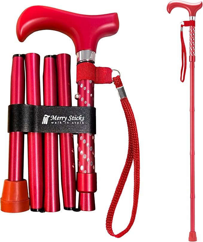 Merry Sticks Lightweight Foldable Walking Canes for Women and Men, Adjustable & Collapsible Walking Stick for Seniors, Balancing Mobility Aids, Ergonomic Handle & Wrist Strap - Dazzling Red
