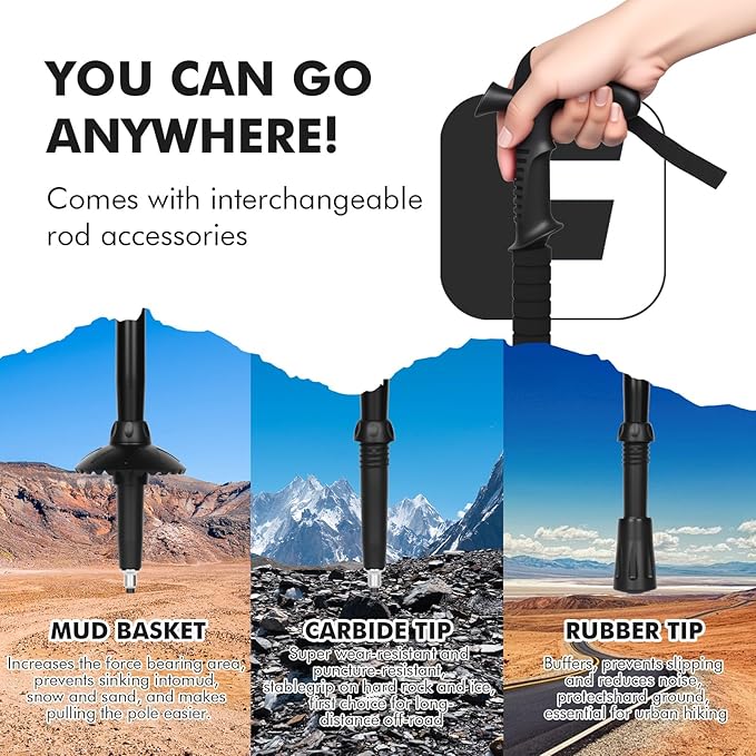 Telescopic Walking Cane 43 Inch with Anti-Shock & T-Grip Handle - 7075 Aluminum Quick Lock Trekking Pole, Ultralight for Hiking, Camping, Mountaineering