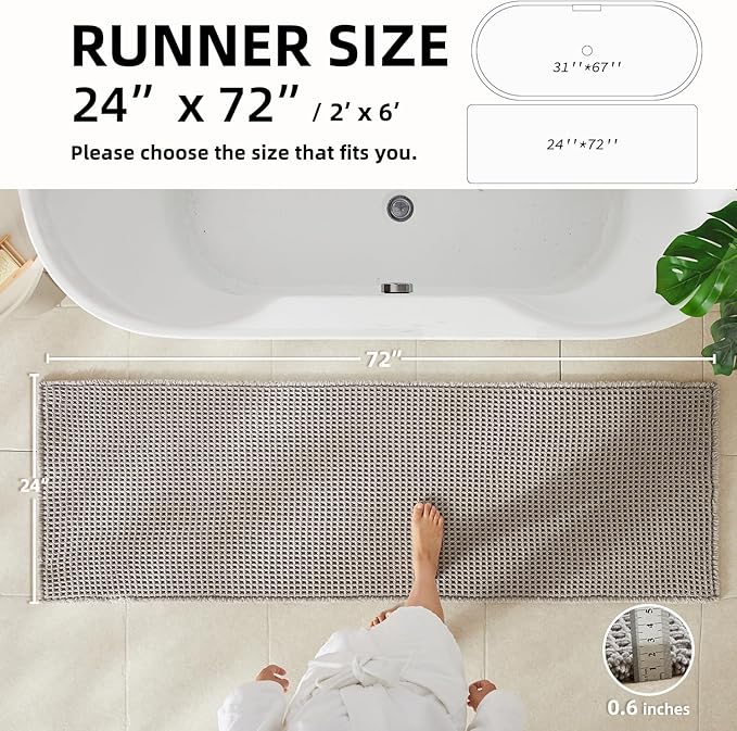 Waffle Runner Rug Bathroom, Long Boho Bathroom Rugs Non Slip Washable Super Absorbent Quick Dry Farmhouse Bath Decor, 72"x24" Light Grey