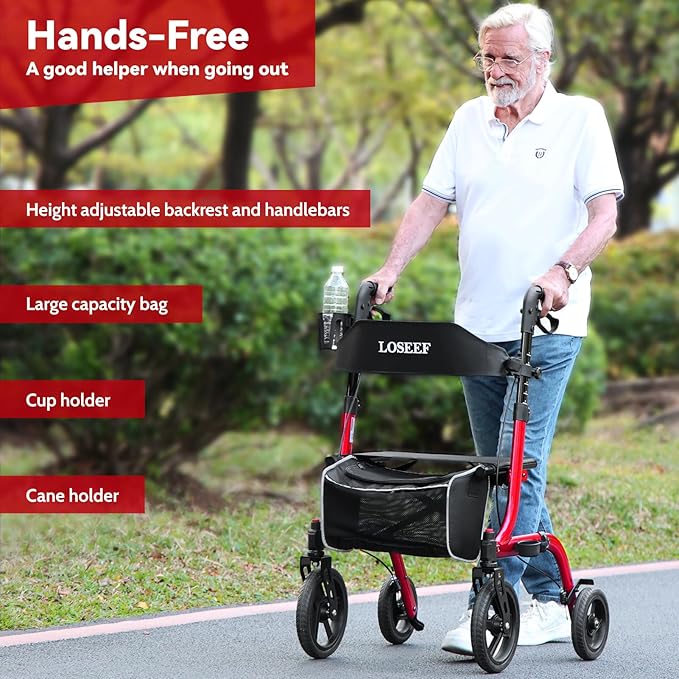Foldable Rollator Walkers with Seat for Seniors, 10" Big Rubber Wheels All Terrain Rollator Walker with Adjustable Backrest and Handles, 350 Lb, Cup Holder, Lightweight 4 Wheel Walker for Seniors Red