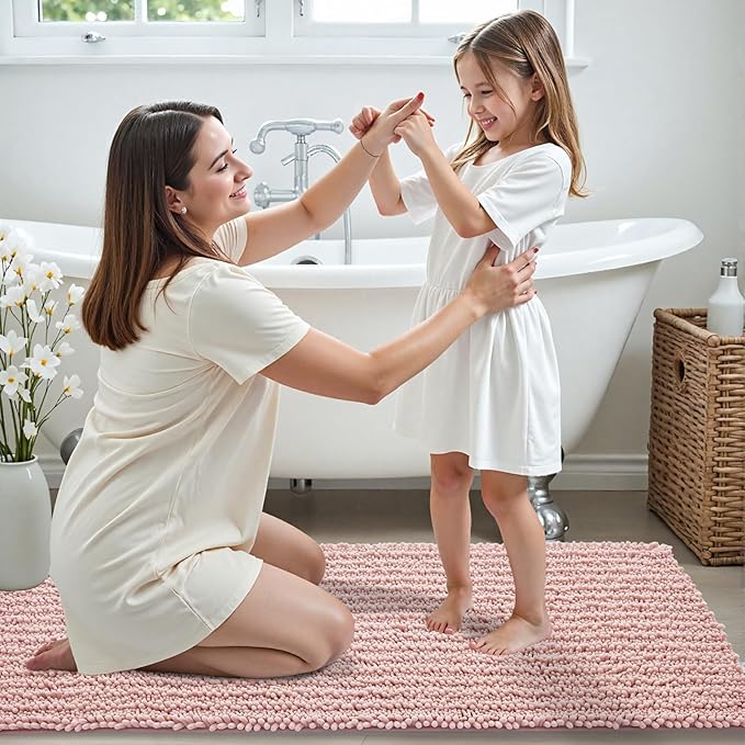 Non Slip Bathroom Rug Machine Washable Thick Pink Bath Mat 24x44 Soft Absorbent Bathroom Floor Mat Chenille Bath Rug for Shower Tub