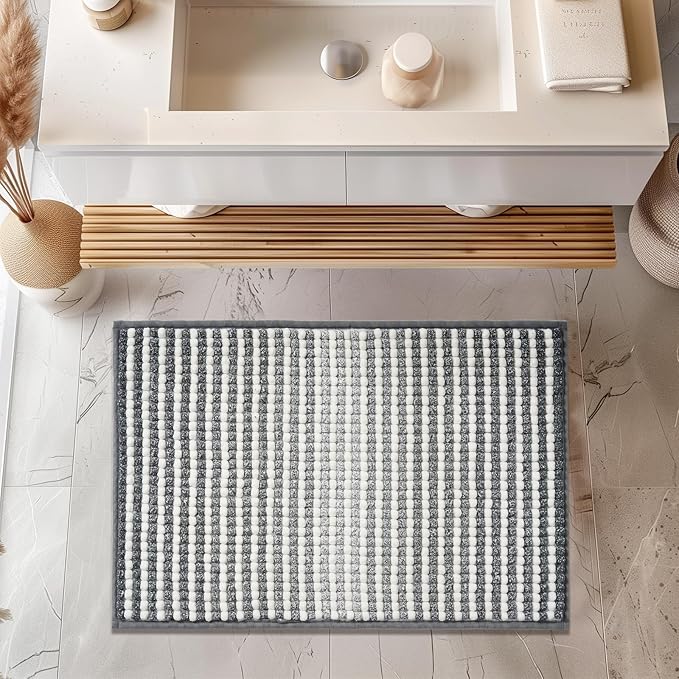 FRESHMINT Chunky Ombre Chenille Bathroom Rug 20"x32", Water Absorbent Soft Bath Rugs for Bathroom Floor, Thick Non Slip Cute Bath Mat Washable Quick Dry Shower Mats, Gray and White