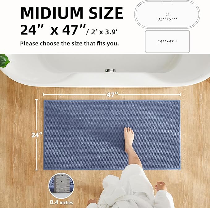 Bathroom Rugs Non Slip Washable, Super Absorbent Thin Bath Mat Quick Dry Low Pile Bathroom Rug, Denim Blue 24"x47"