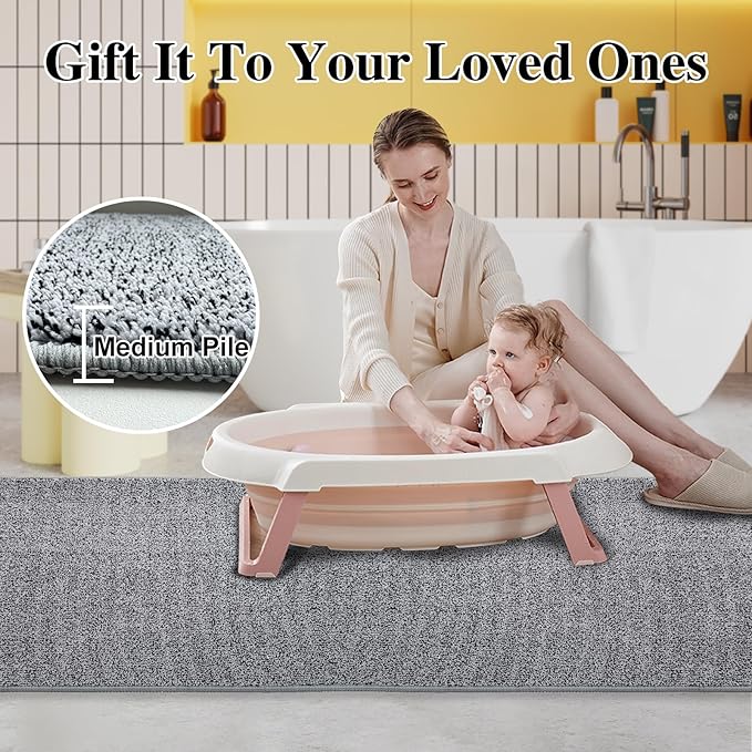 HDFK Bath Mat Runner Rug Non Slip 60x24 Inches Bathroom Rugs 2 Tone Chenille Medium Pile TPR Backing | Absorbency Solid Black White | Long Tub Side Mats for Wet Dry Transition Zone Modern Decor