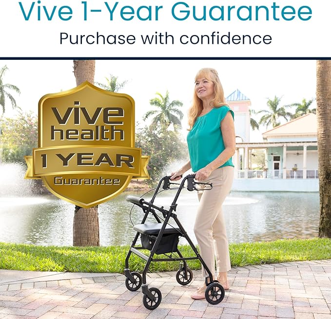 Vive Ultra Lightweight Rollator Walker with Seat - Foldable, Narrow, Rolling Senior Walker for Small Spaces - 4 Wheel Aluminum Adult Easy Drive Aid with Underseat Accessory - Weighs Only 14 Lbs