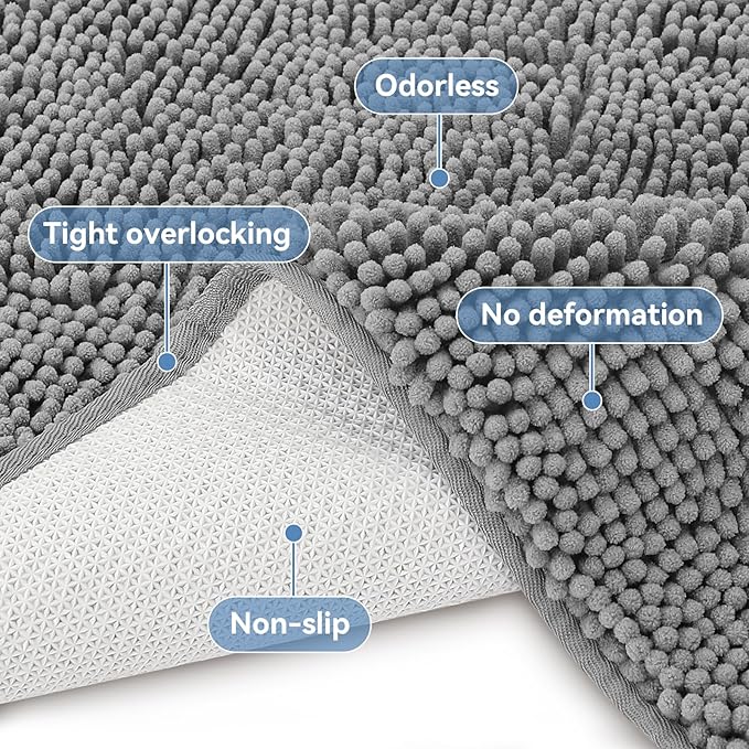 Bcoimo 30"×20" Absorbent Bath Mat, Non-Slip with Backing Chenille Bath Rug and Machine Washable Bathroom Mat Quick-Dry Design. Ideal for Bathroom and Tub Areas