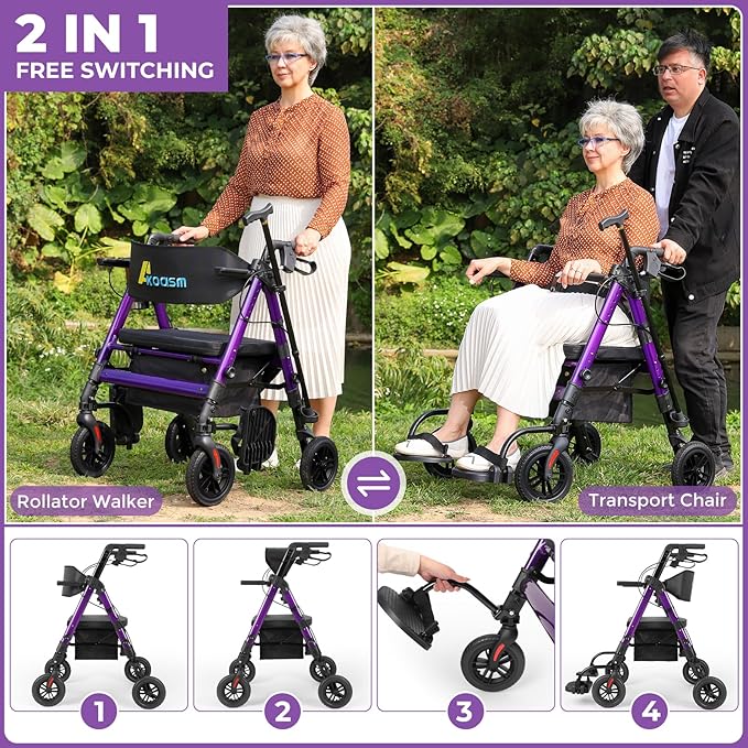Heavy Duty Rollator Walker for Seniors with Seat, Foldable 2 in 1 Rolling Walkers Wheelchair Combo for Adult, All Terrain Wheels, Adjustable Transport Chair with Brake, 450 lb. Weight Capacity, Purple