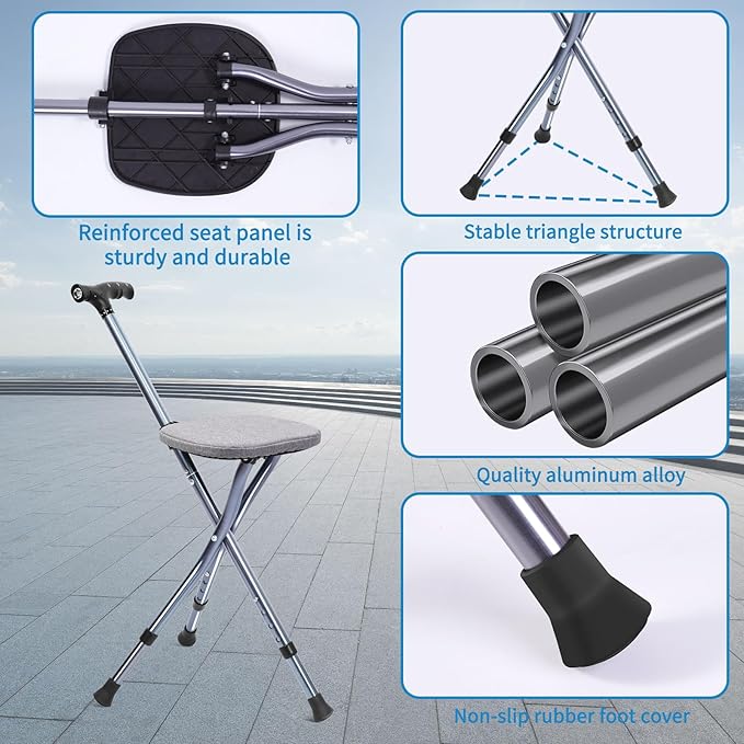 Folding Walking Cane with Seat, Walking Stick with Seat Lightweight for Seniors, Cane Chair with Magnetic Massage Handle & Seat Cover, Height Adjustment, Supports up to 330 Pounds
