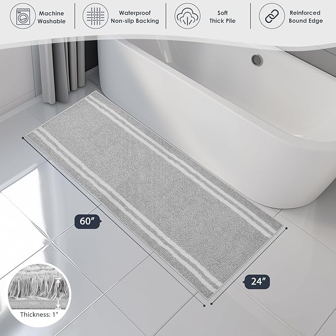 PURRUGS Bathroom Rug Non-Slip Machine Washable 24" x 60", Super Absorbent and Quick Dry Shaggy Microfiber Bath Mat, Extra Soft and Plush Bath Rug for Bathtub, Shower and Sink, Light Grey