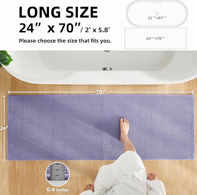 Bathroom Runner Rugs, Long Bath Mat Runner Washable Thin Quick Dry Low Pile Bathroom Runner Rugs Non Slip, Lavender 24"x70"