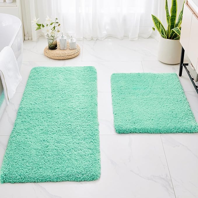 Bathroom Runner Rug 24x70 Spa Blue Non Slip Fluffy Long Bath Mat for Bathroom Floor Washable Plush Luxury Large Bath Rug for Tub Absorbent Runner Rug for Bedside