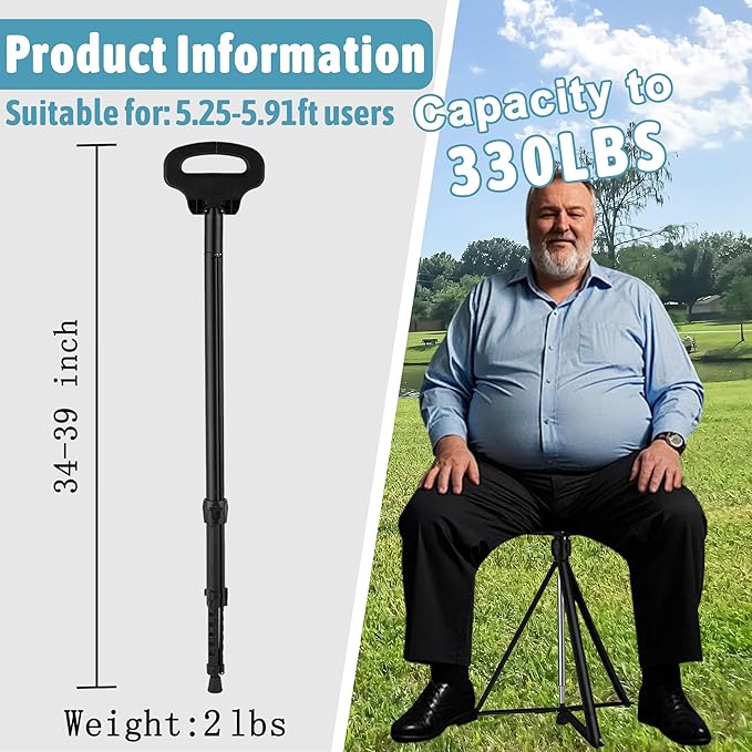 ALEVMOOM Walking Cane with Seat Folding Lightweight, 2-in-1 Cane Stool for Adults, Aluminum Walking Stick with Seat, Portable Stool for Senior, with Carry Bag