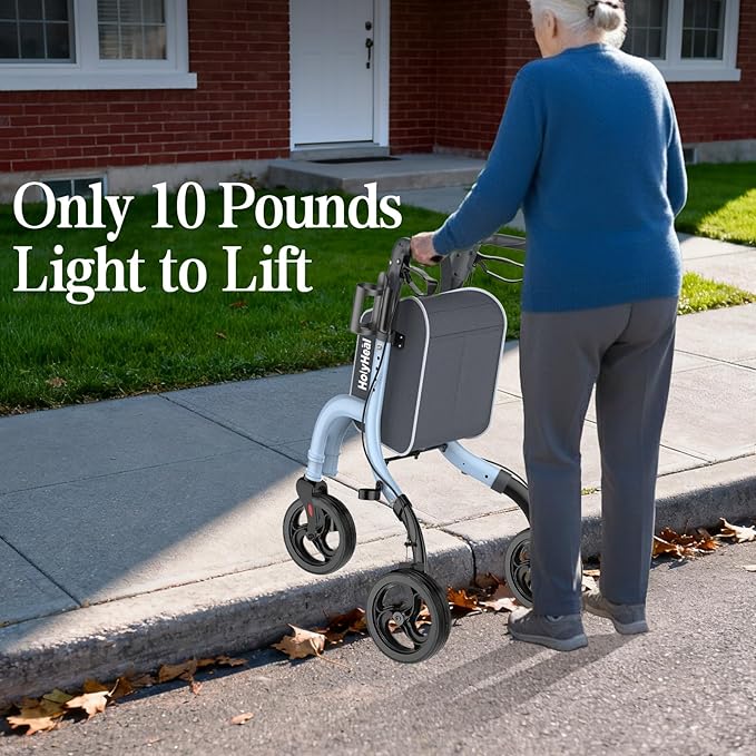 3 Wheel Walkers for Seniors, Lightweight Rollator Walkers Foldable for Elderly with Cane Hold and Cup Hold, Height Adjustable Aluminum Three Wheel Rolling Walker Mobility Aid, Blue