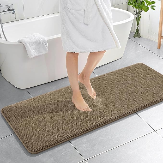 OLANLY Thick Memory Foam Bath Mat Rug 59x20, Extra Soft Absorbent Bathroom Rug, Quick Dry Bath Mats, Non-Slip, Machine Washable Carpet for Bathroom, Tub and Shower, Home Decor Accessories, Tan