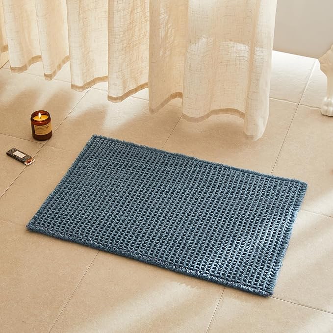 Waffle Bath Mat, Boho Bathroom Rugs Non Slip Washable Super Absorbent Quick Dry Bath Mat Farmhouse Bathroom Decor, 30"x20" Denim Blue