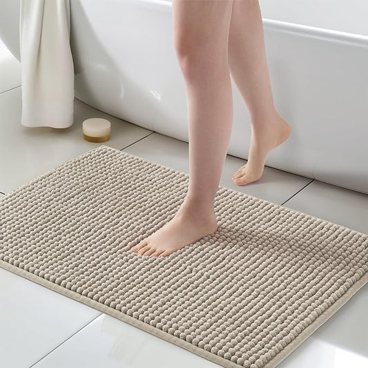 FRESHMINT Thick Chunky Chenille Bath Rugs 24"x36", Non Slip Bath Mat, Soft Bathroom Decor, Cute Shower Mat, Water Absorbent, Washable, Beige