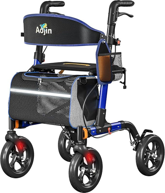 Walkers for Seniors, Rollator Walker with Seat, 350 lb Weight Capacity, 18" Big Seat, 8" All-Terrain Wheels, 6-Level Adjustable Height, Lightweight Aluminum Frame Rollator Walkers for Seniors (Blue)