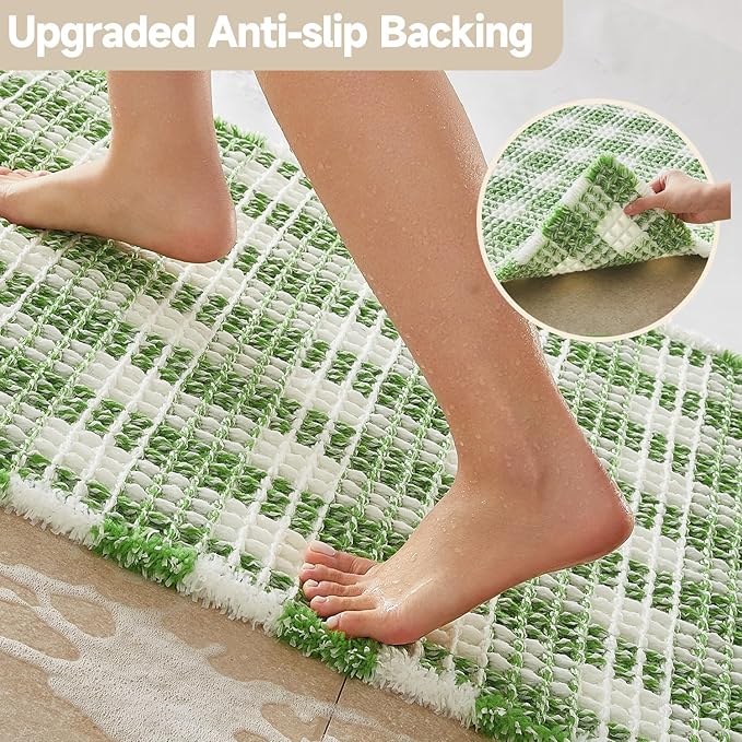 Waffle Runner Rug Bathroom, Long Boho Bathroom Rugs Non Slip Washable Absorbent Checkered Bathroom Mat Quick Dry Cute Bath Mat, 60"x24" Green and White