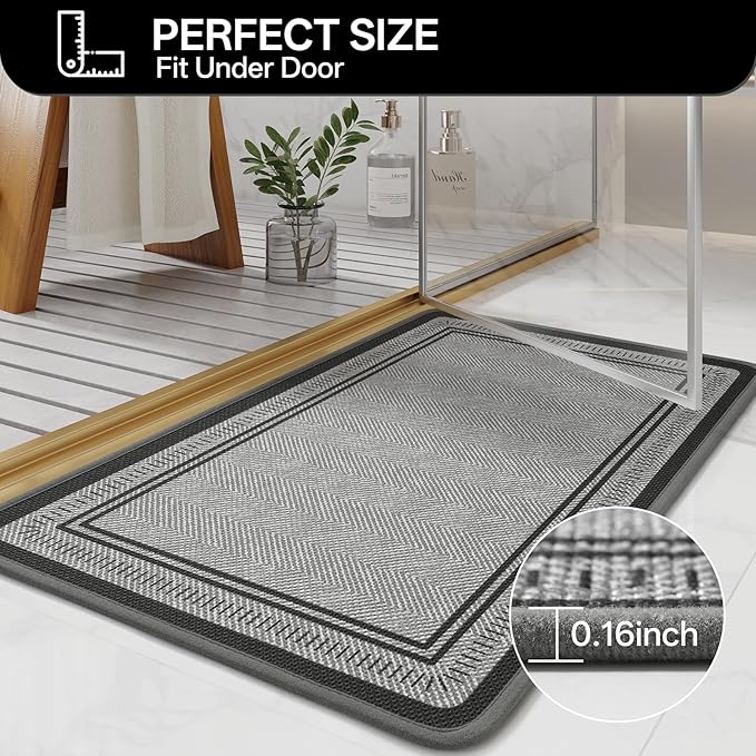 16"×24" Non Slip Bath Mat with Rubber Backing, Absorbent Quick Dry Bath Mats Washable, Low Pile Bathroom Rugs Fit Under Door for Bathroom Floor, Shower and Sink, Grey