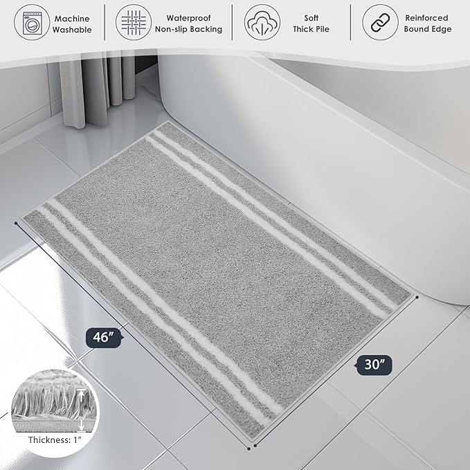PURRUGS Bathroom Rug Non-Slip Machine Washable 30" x 46", Super Absorbent and Quick Dry Shaggy Microfiber Bath Mat, Extra Soft and Plush Bath Rug for Bathtub, Shower and Sink, Light Grey