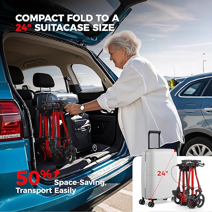 Rollator Walkers for Seniors with Seat, Lightweight Ultra-Compact Travel Rolling Walker, 350lbs Capacity, Heavy-Duty Extra-Wide Seat, Easy Folding, Height Adjustable for Tall Over 6ft, 8" Big Wheels