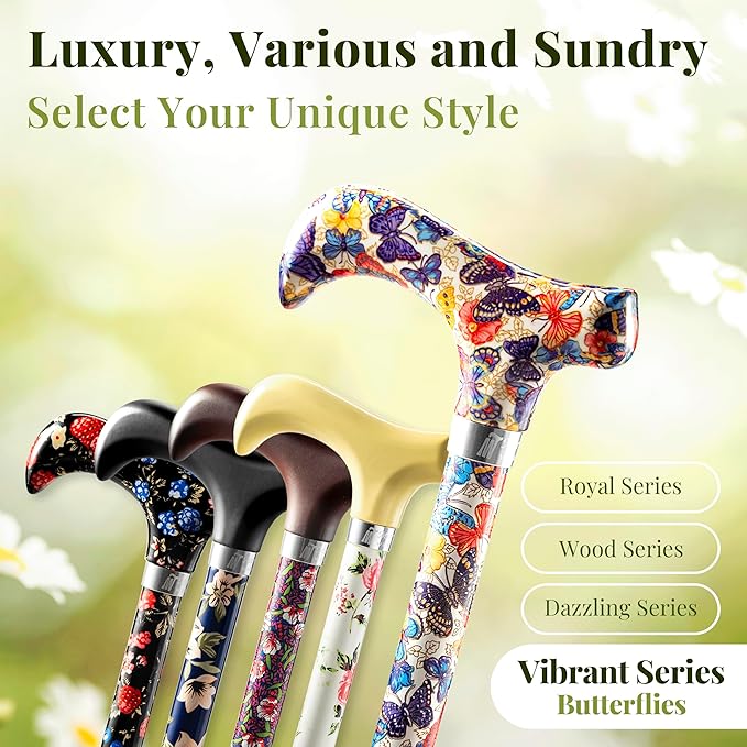 Merry Sticks Lightweight Foldable Walking Canes for Women and Men, Adjustable & Collapsible Walking Stick for Seniors, Balancing Mobility Aids, Ergonomic Handle & Wrist Strap - Butterflies