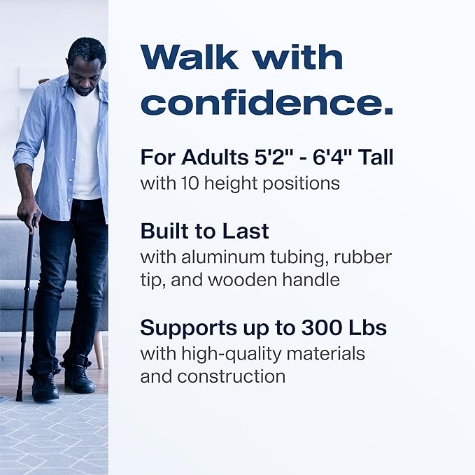 VMS QuickFit Trigger Adjustable Walking Cane - 300 lbs Capacity, Effortless Height Adjustment, Durable Aluminum Tube, TAA Compliant